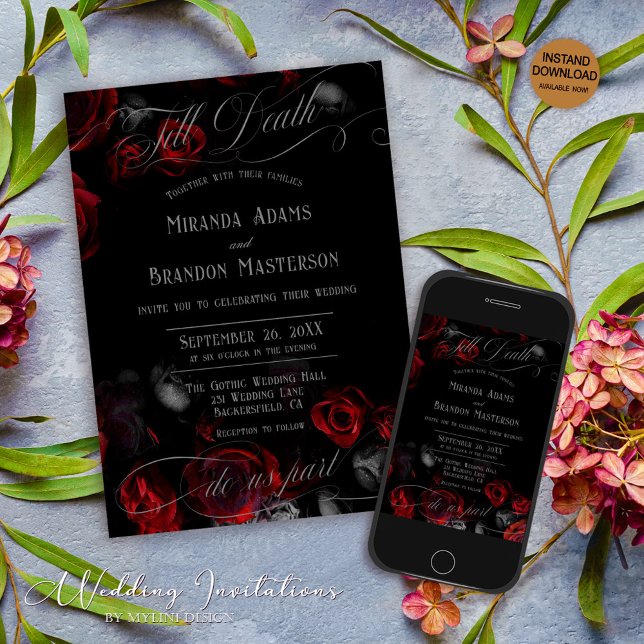 Invitation Mariage floral noir et rouge sur mesure (Créateur téléchargé)