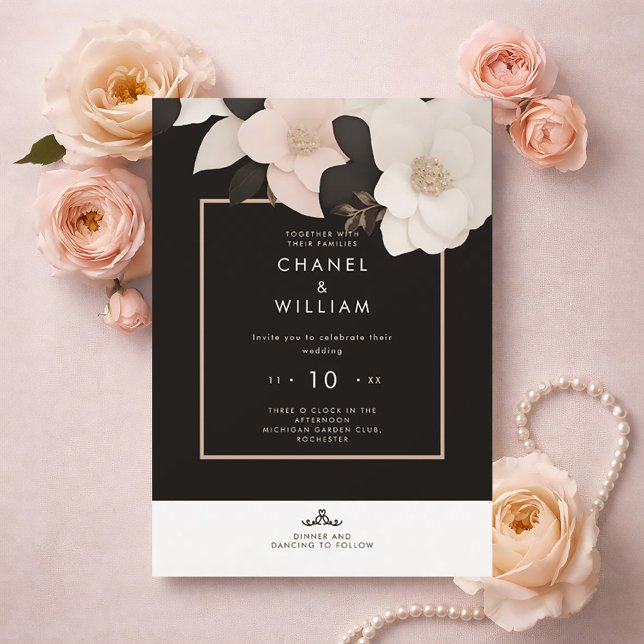 Invitation Mariage floral noir inspiré de Chanel (Elegant chanel-inspired wedding invitation with jewel decoratet floral, pink and black.)