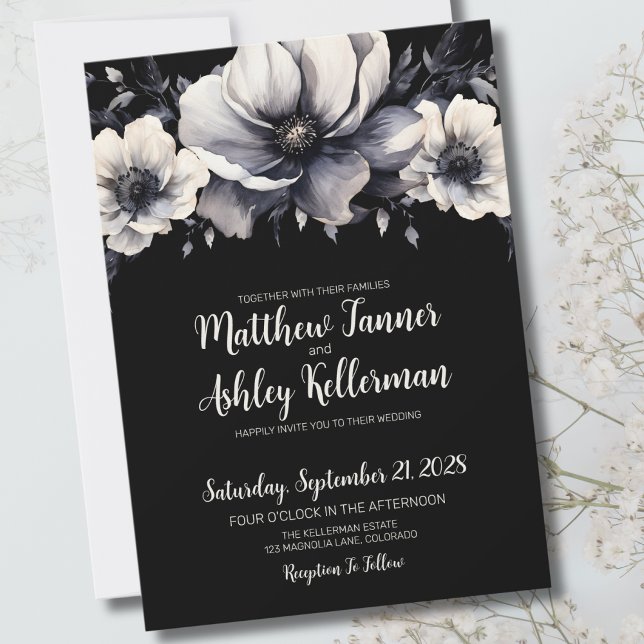 Invitation Mariage Floral Noir Moderne Sombre et Mystérieux (Chic Trendy Modern Black White Floral Wedding Invitation)