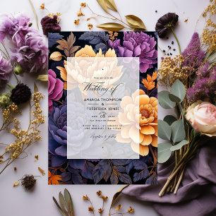 Invitation Mariage floral noir, or et violet foncé