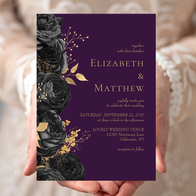 Invitation Mariage Floral Noir Or Romantique Violet (Créateur téléchargé)