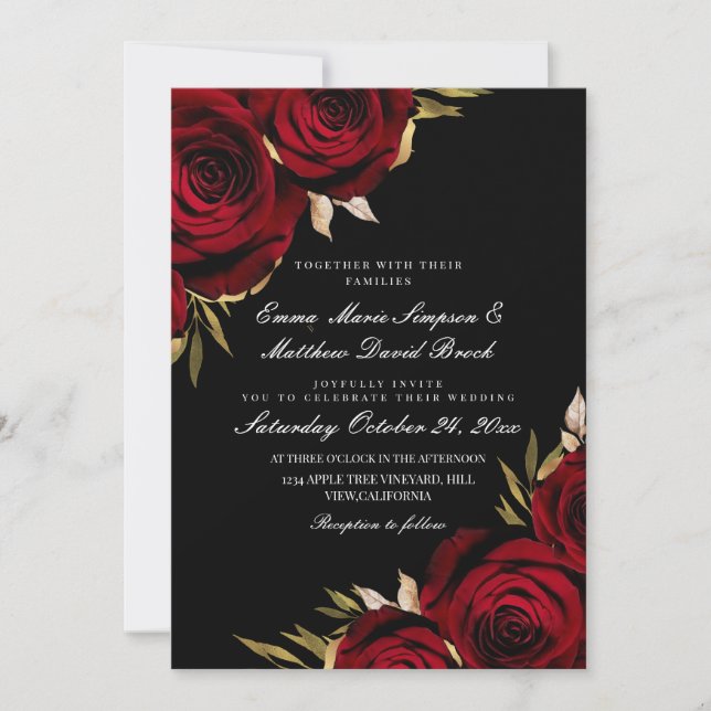 Invitation Mariage floral noir Rose rouge or (Devant)