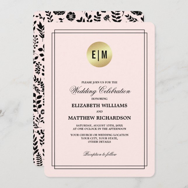 Invitation Mariage floral noir rose vif (Devant / Derrière)