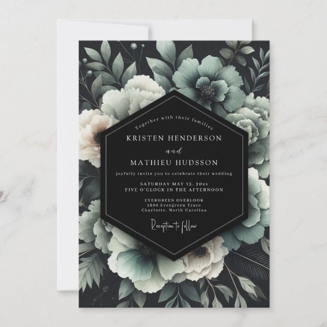 Invitation Mariage Floral Noir Sarcelle (Devant)