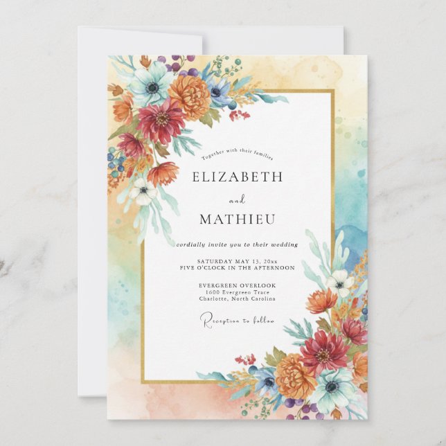 Invitation Mariage Floral Ocre Tableaux (Devant)