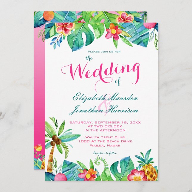 Invitation Mariage Floral Ombré Rose Turquoise Plage Tropical (Devant / Derrière)