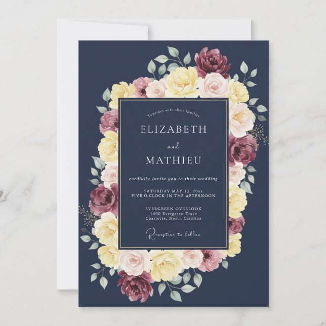 Invitation Mariage Floral Opulent Bleu Nuit (Devant)