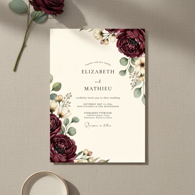 Invitation Mariage Floral Opulent Bourgogne (Créateur téléchargé)