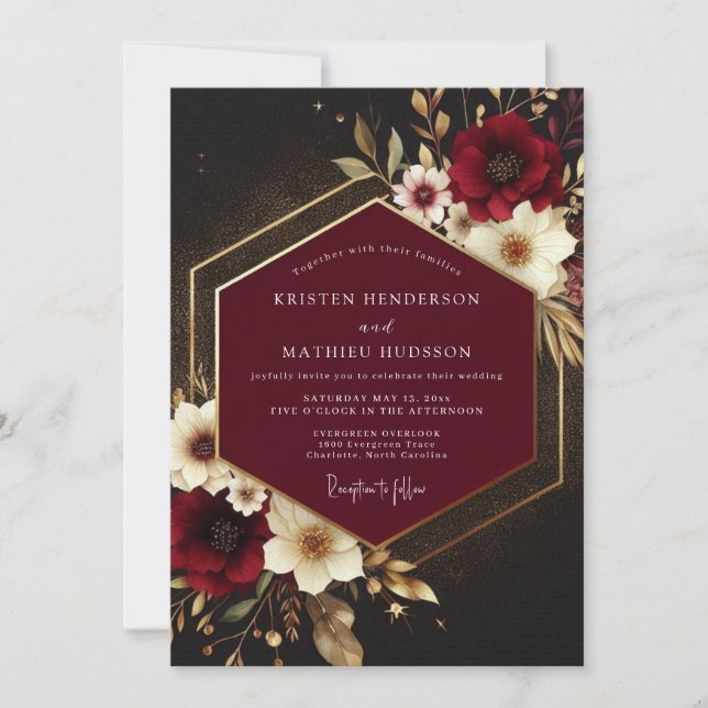 Invitation Mariage Floral Opulent Bourgogne (Devant)