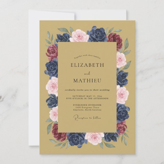 Invitation Mariage Floral Opulent Doré (Devant)