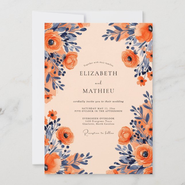 Invitation Mariage Floral Opulent Navy Abricot (Devant)