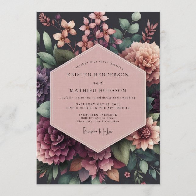 Invitation Mariage Floral Opulent Prune (Devant)