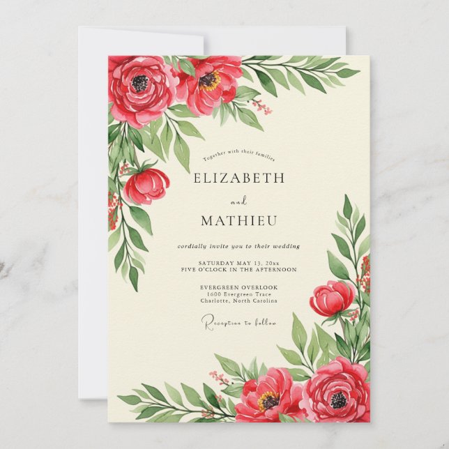 Invitation Mariage Floral Opulent Rouge (Devant)