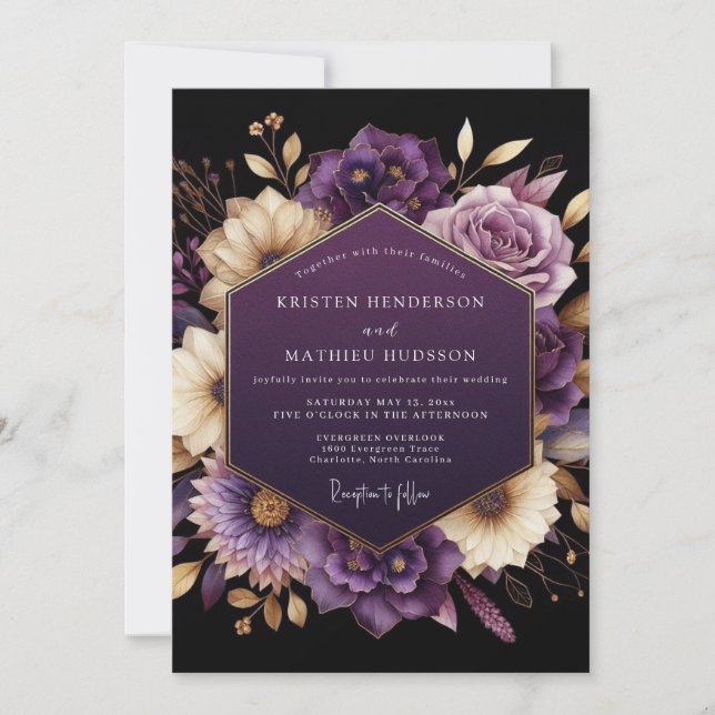 Invitation Mariage Floral Opulent Violet Foncé (Devant)