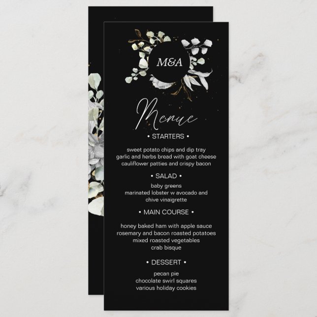 Invitation mariage floral or argent dramatique Menu Dîner (Devant / Derrière)