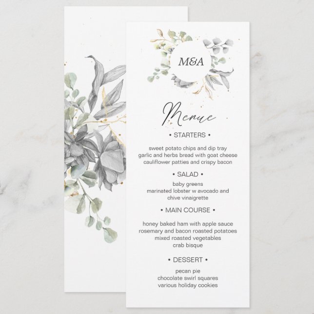 Invitation mariage floral or argent dramatique Menu Dîner (Devant / Derrière)