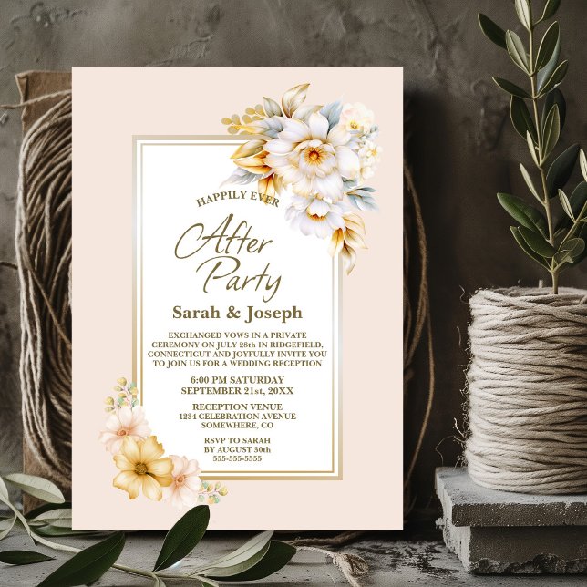 Invitation Mariage floral or blanc élégant après la fête (Créateur téléchargé)