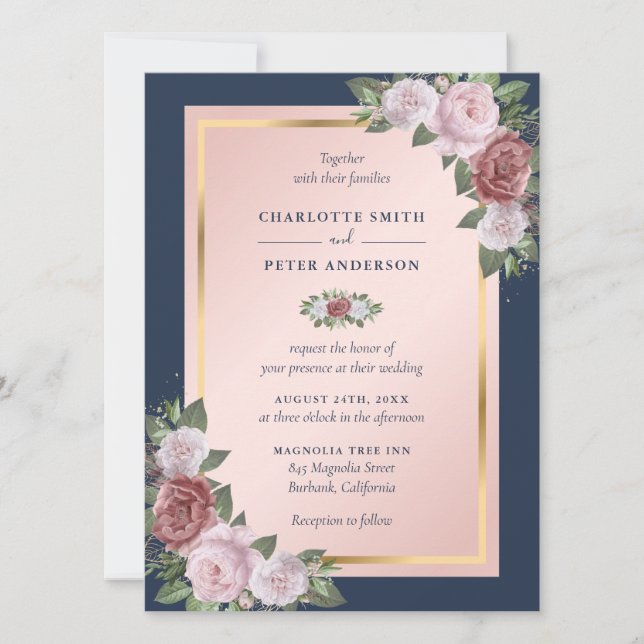 Invitation Mariage floral or bleu bleu marine moderne (Devant)