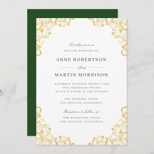 Invitation mariage floral or élégant (Devant / Derrière)