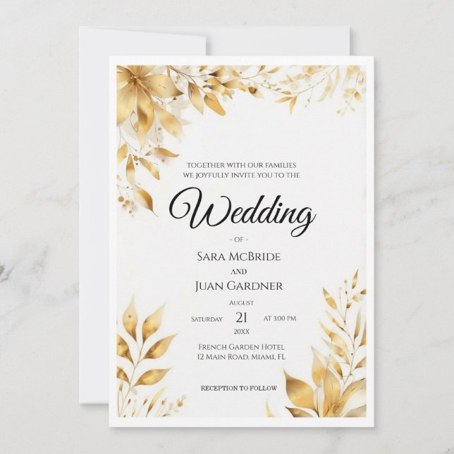 Invitation Mariage Floral Or Élégant (Devant)