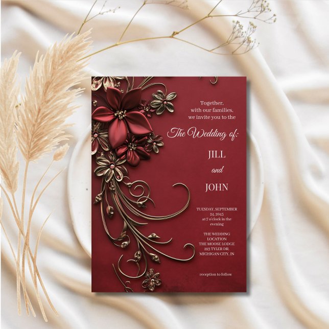 Invitation Mariage Floral Or Élégant Rouge (Créateur téléchargé)