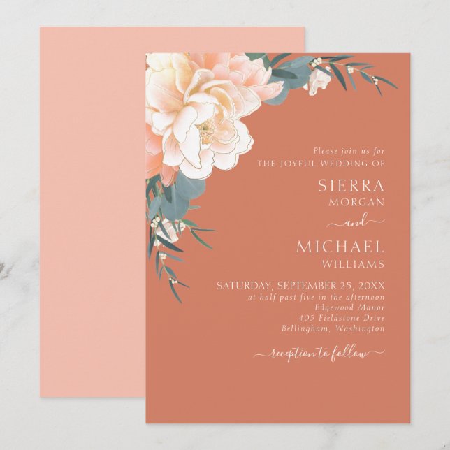 Invitation Mariage Floral Or en terre cuite rouille (Devant / Derrière)
