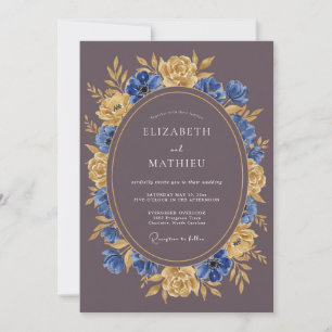 Invitation Mariage Floral Or et Bleu avec Flourish