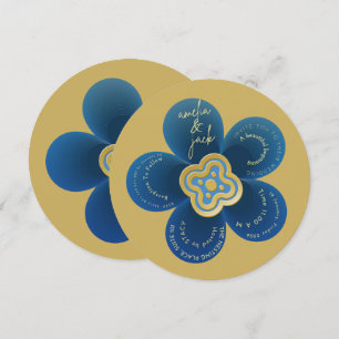 Invitation Mariage floral or et bleu marine de luxe