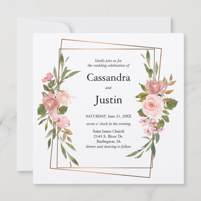 Invitation Mariage floral or et rose (Devant)