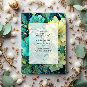 Invitation Mariage floral or et vert émeraude
