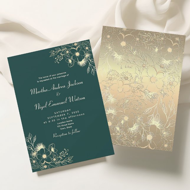 Invitation Mariage floral or et vert émeraude (Créateur téléchargé)