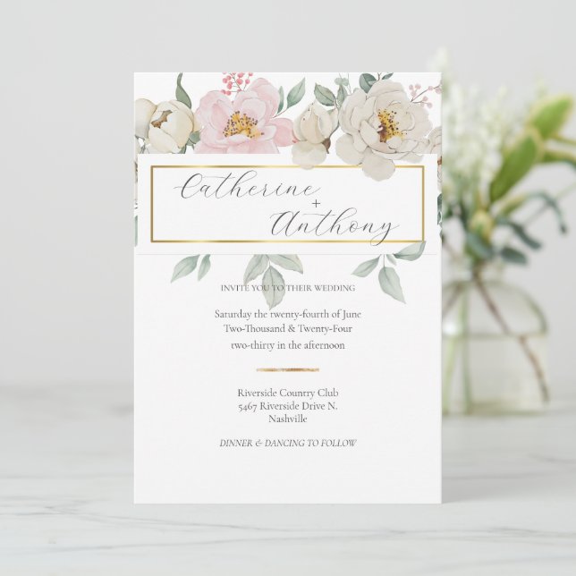 Invitation Mariage Floral Or moderne (Debout devant)