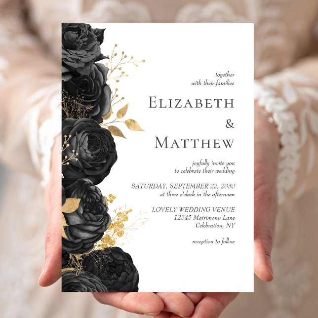 Invitation Mariage Floral Or Noir Romantique (Créateur téléchargé)