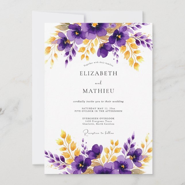 Invitation Mariage Floral Or Poli Or (Devant)