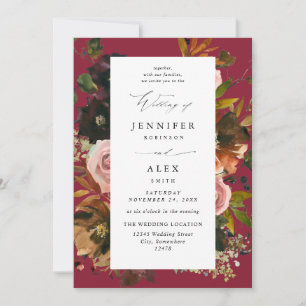 Invitation Mariage Floral Or Rustique, Violet et Rose 4-Baies