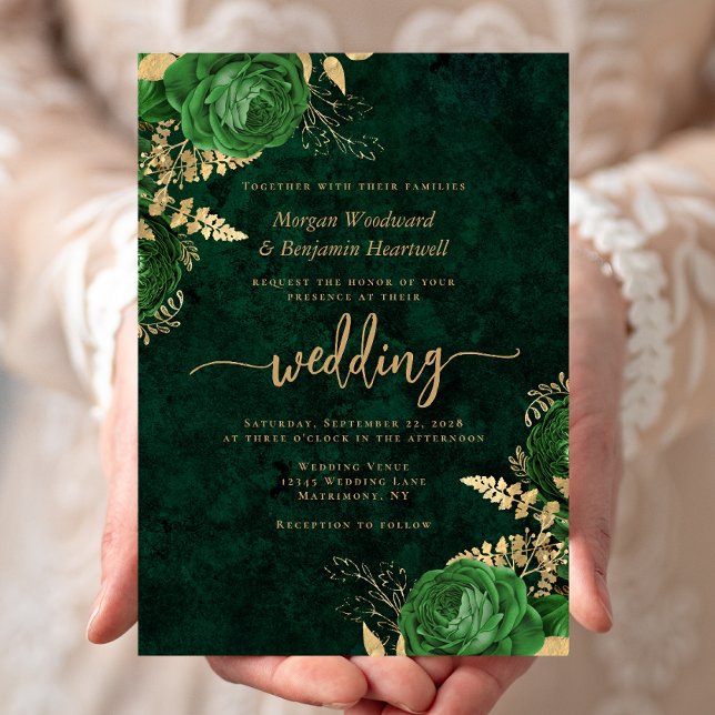 Invitation Mariage floral or vert émeraude (Créateur téléchargé)