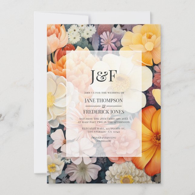 Invitation Mariage Floral Orange, Blanc et Doré (Devant)
