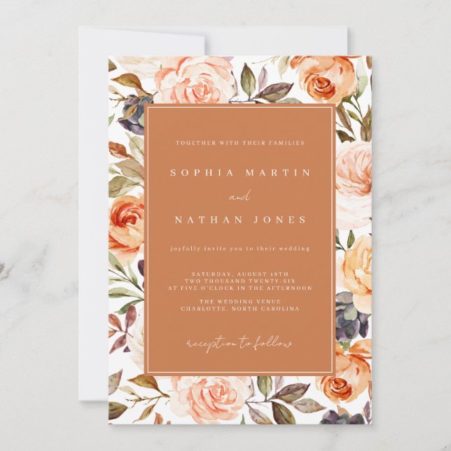 Invitation Mariage Floral Orange Brûlé automne (Devant)