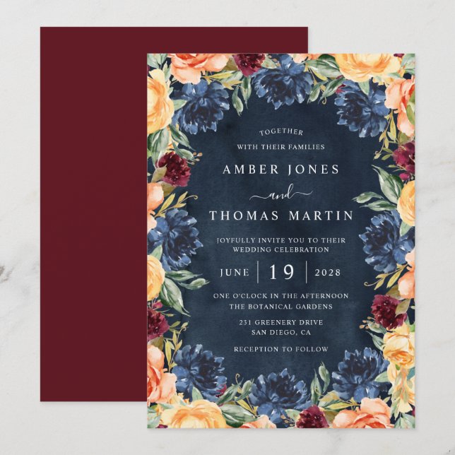 Invitation Mariage Floral Orange Brûlé Bordeaux Navy  (Devant / Derrière)
