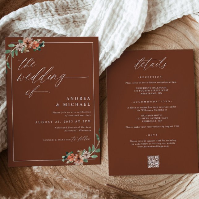 Invitation Mariage Floral Orange Brûlé et Émeraude (Emerald, Rust and Burnt Orange Floral Wedding Invitations for Fall or Winter Wedding)