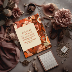 Invitation Mariage floral orange brûlé rétro groovy