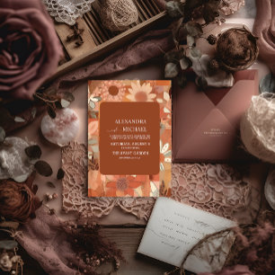 Invitation Mariage floral orange brûlé rétro groovy
