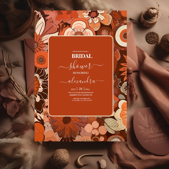Invitation Mariage floral orange brûlé rétro groovy (Créateur téléchargé)