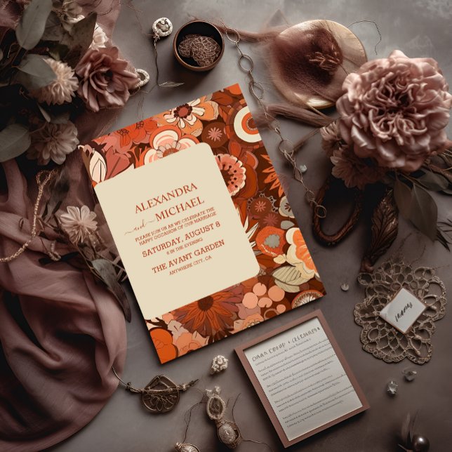Invitation Mariage floral orange brûlé rétro groovy (Créateur téléchargé)