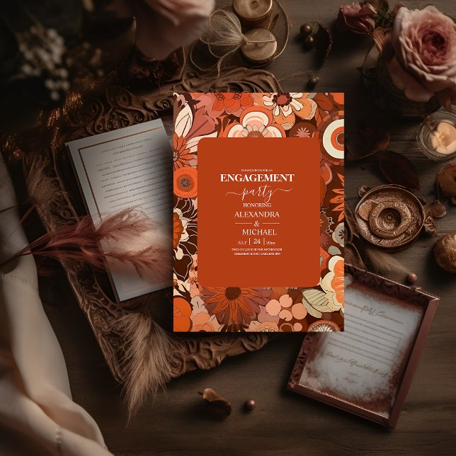 Invitation Mariage floral orange brûlé rétro groovy (Créateur téléchargé)
