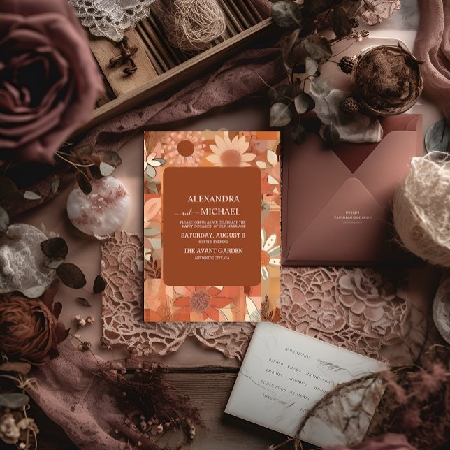 Invitation Mariage floral orange brûlé rétro groovy (Créateur téléchargé)