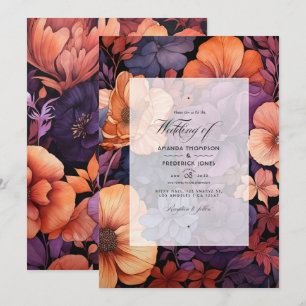 Invitation Mariage Floral Orange Brûlé, Violet Foncé et Noir