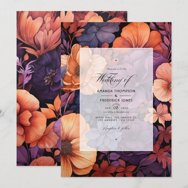Invitation Mariage Floral Orange Brûlé, Violet Foncé et Noir (Devant / Derrière)