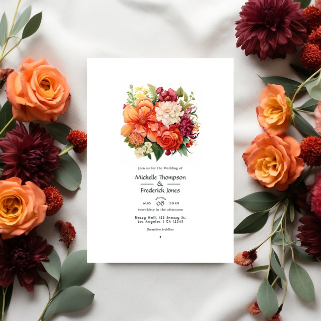 Invitation Mariage floral orange, cranberry et vert (Créateur téléchargé)