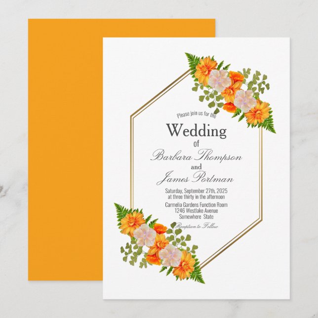 Invitation Mariage floral orange doré géométrique moderne (Devant / Derrière)